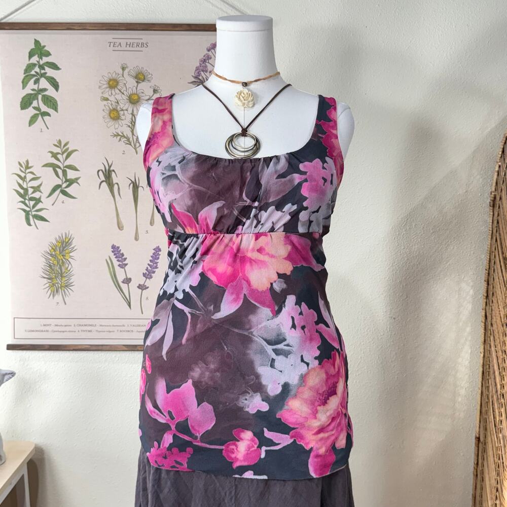 90s Y2k Mesh Floral Babydoll Tunic Top Forest Fairy Coquette Romantic Dolly M